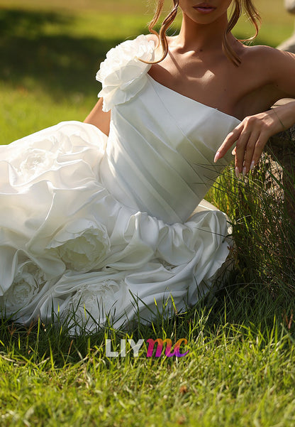 Off-Shoulder Pleated 3D Floral A-Line Short Wedding Dress