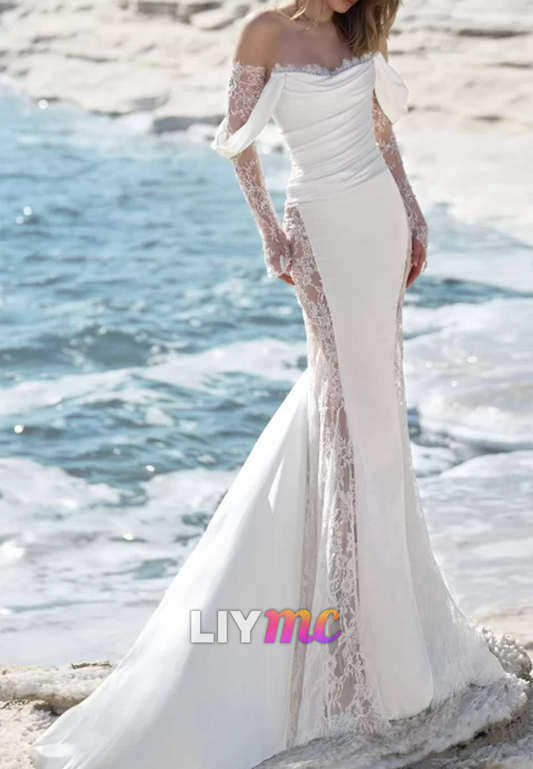 Off-Shoulder Pleated Appliques Fitted Mermaid Wedding Dress