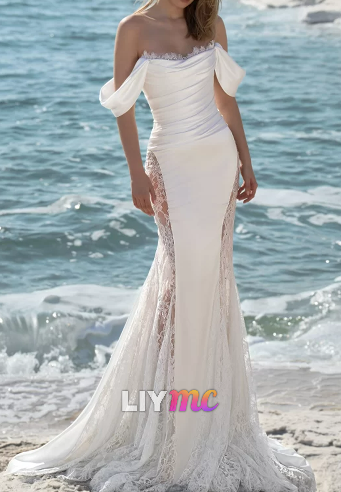 Off-Shoulder Pleated Appliques Fitted Mermaid Wedding Dress
