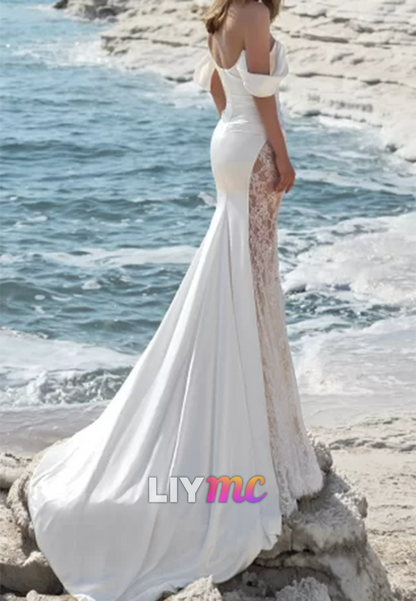 Off-Shoulder Pleated Appliques Fitted Mermaid Wedding Dress