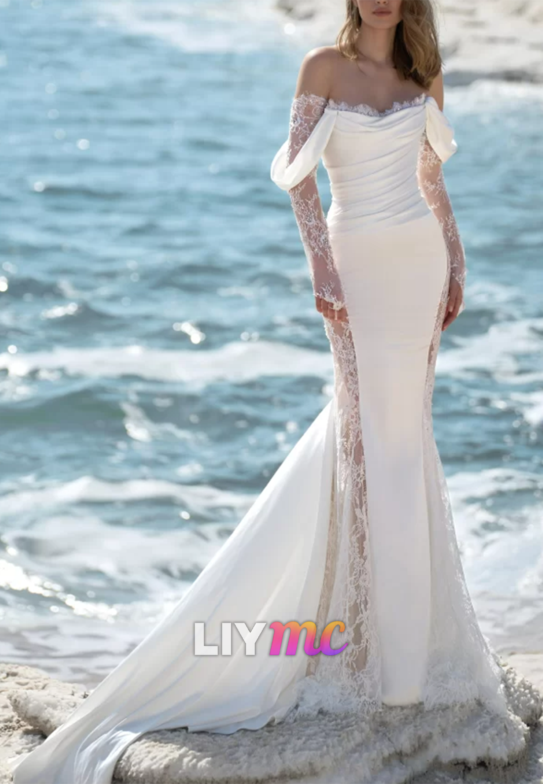 Off-Shoulder Pleated Appliques Fitted Mermaid Wedding Dress