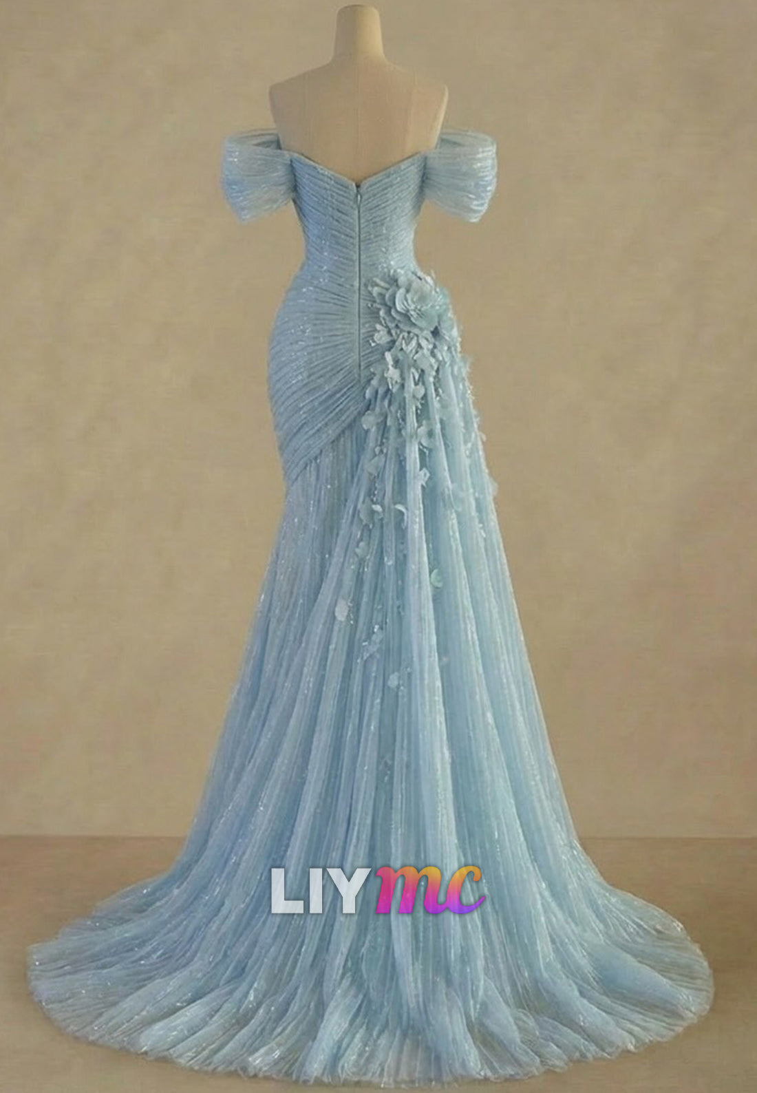 Off-Shoulder Pleated Appliques Mermaid Prom Dress