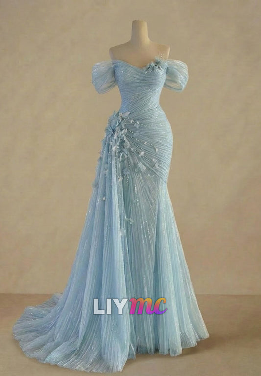 Off-Shoulder Pleated Appliques Mermaid Prom Dress