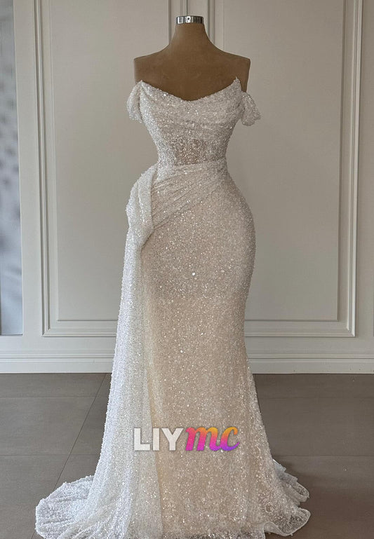 Off-Shoulder Pleated Beaded Embroidery Mermaid Wedding Dress