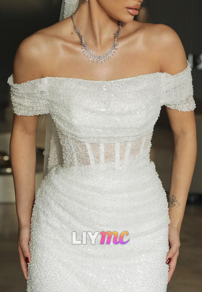 Off-Shoulder Pleated Beaded Embroidery Sheath Wedding Dress