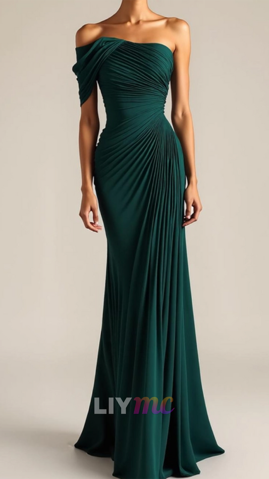 Off-Shoulder Pleated Dark Green Mermaid Evening Dress