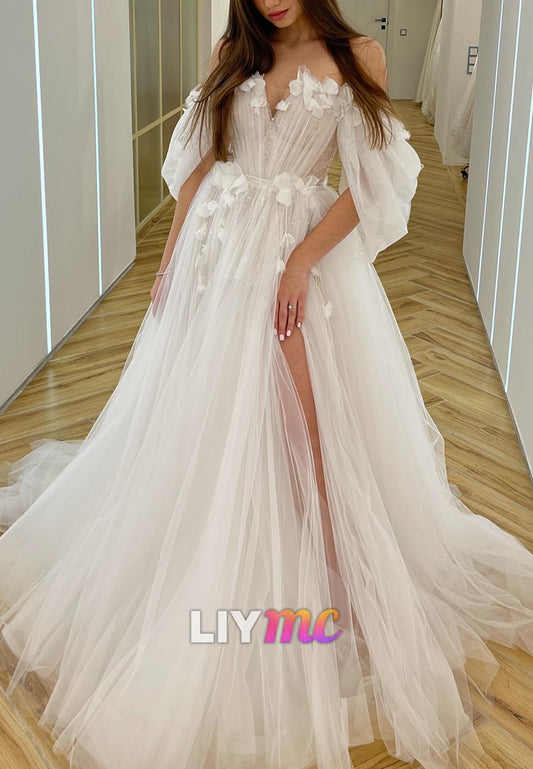 Off-Shoulder Pleated Floral Ball Gwon Wedding Dress