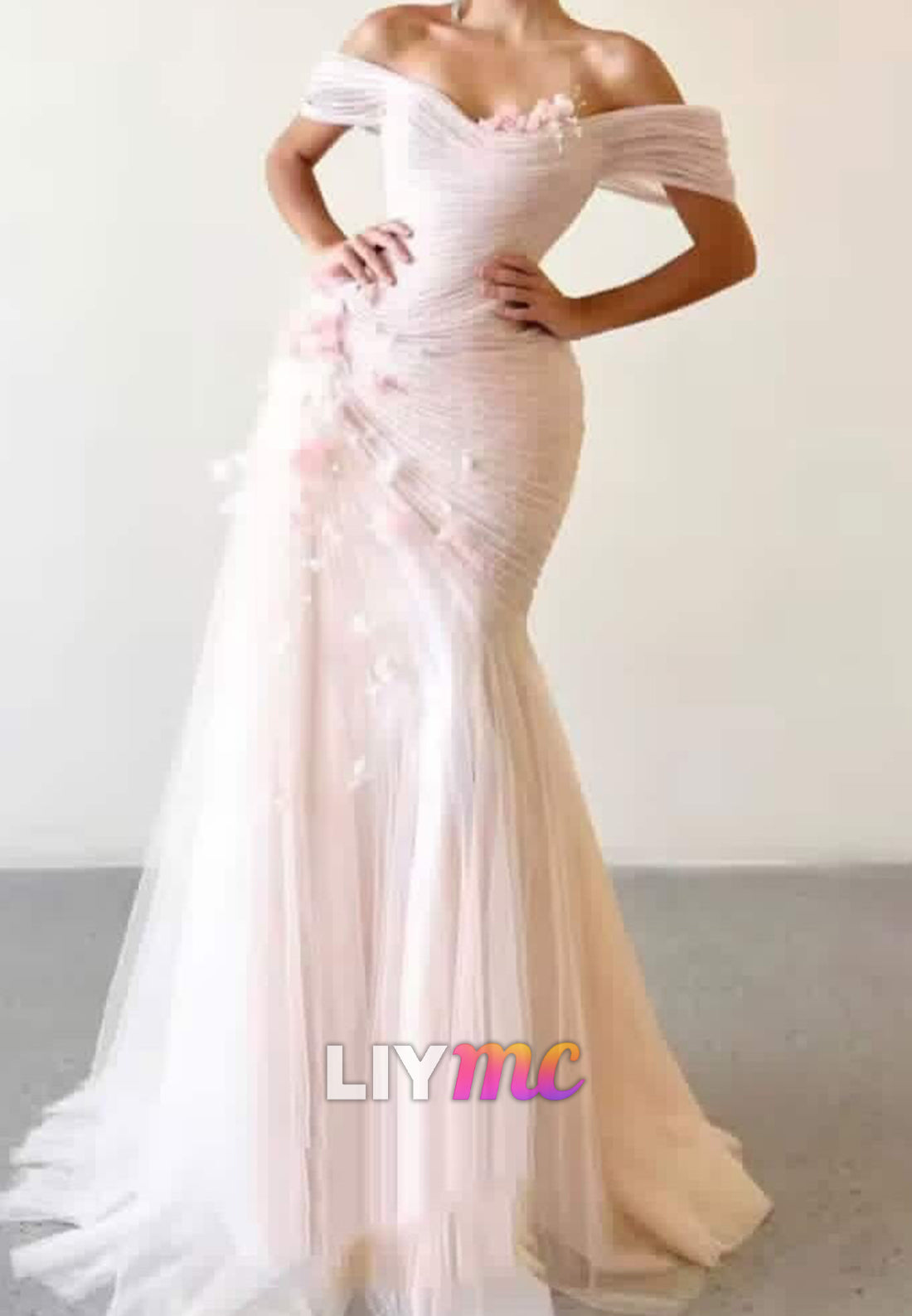 Off-Shoulder Pleated Floral Mermaid Evening Dress