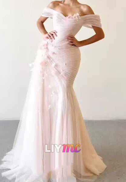 Off-Shoulder Pleated Floral Mermaid Evening Dress