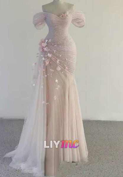 Off-Shoulder Pleated Floral Mermaid Evening Dress
