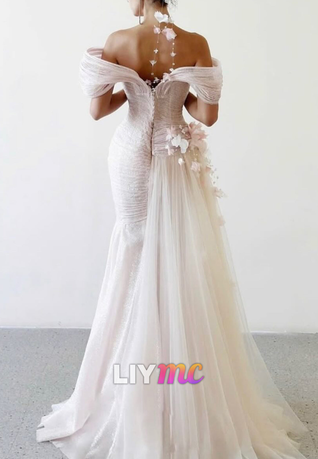 Off-Shoulder Pleated Floral Mermaid Evening Dress