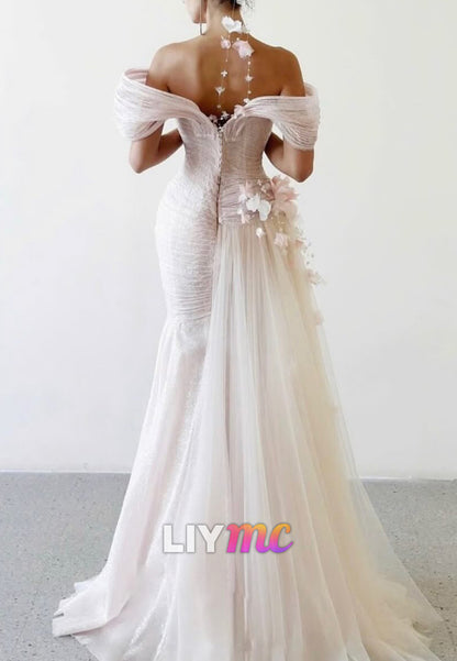 Off-Shoulder Pleated Floral Mermaid Evening Dress
