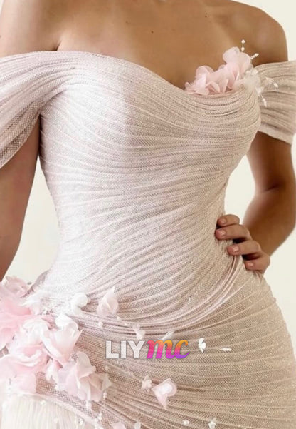 Off-Shoulder Pleated Floral Mermaid Evening Dress