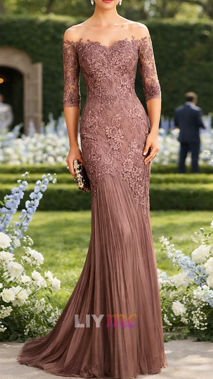 Off-Shoulder Pleated Lace Appliques Mermaid Mother of Bride Dress