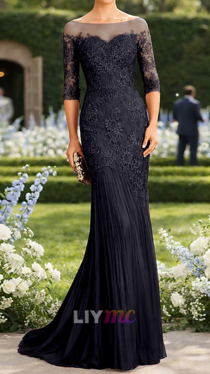 Off-Shoulder Pleated Lace Appliques Mermaid Mother of Bride Dress