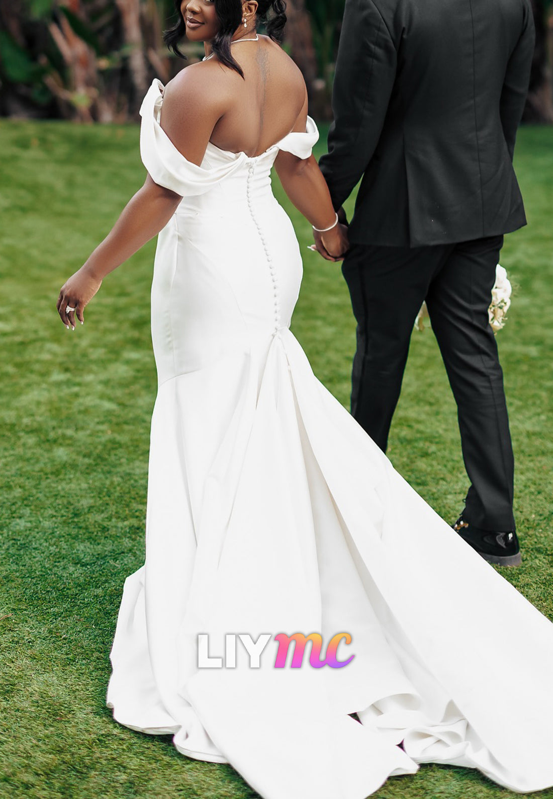 Off-Shoulder Pleated Satin Sleek Mermaid Wedding Dress