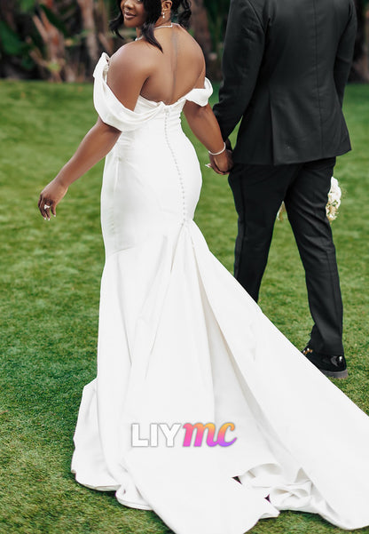 Off-Shoulder Pleated Satin Sleek Mermaid Wedding Dress