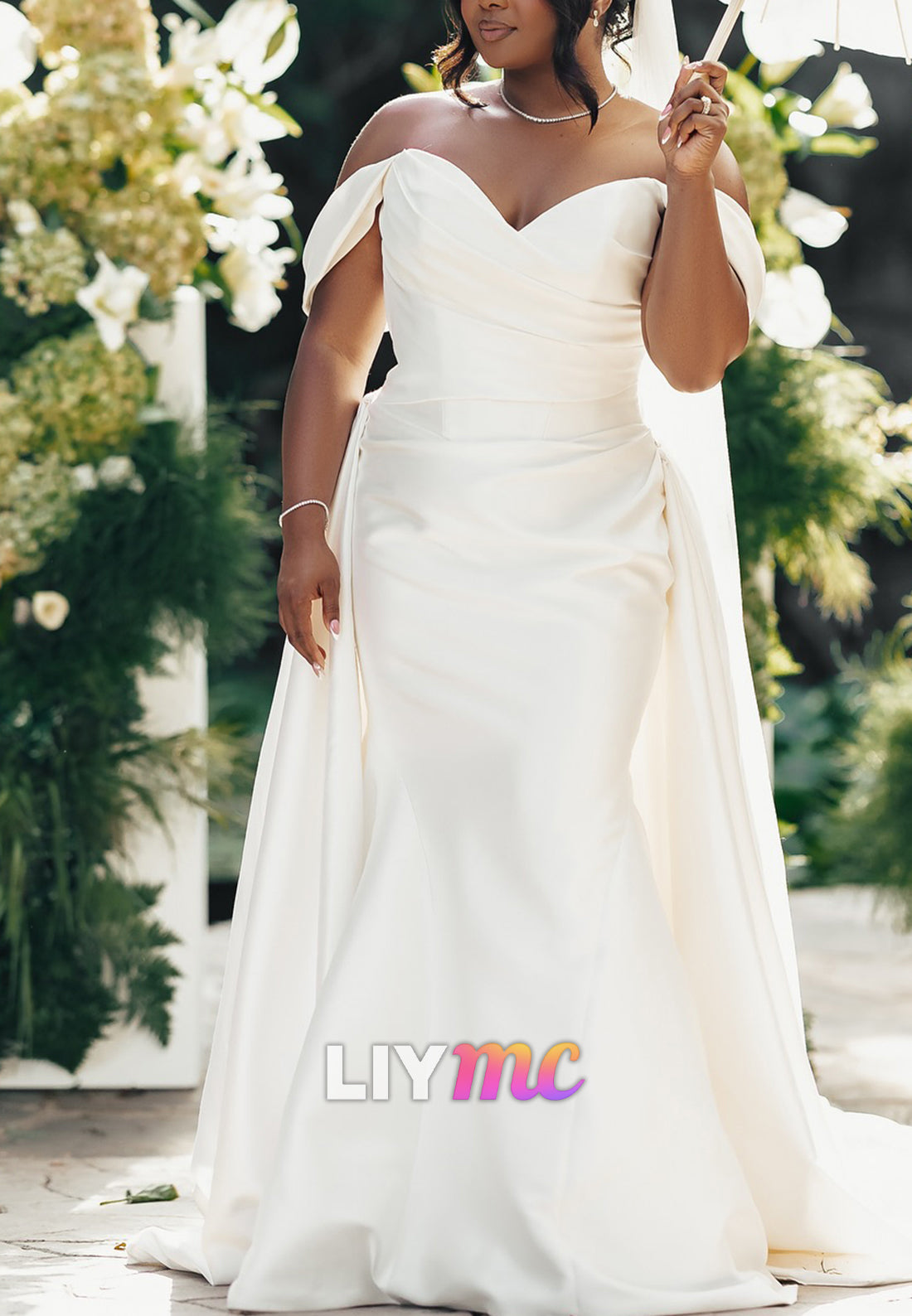 Off-Shoulder Pleated Satin Sleek Mermaid Wedding Dress