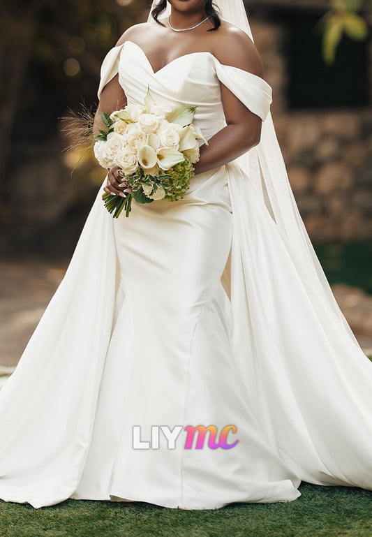Off-Shoulder Pleated Satin Sleek Mermaid Wedding Dress