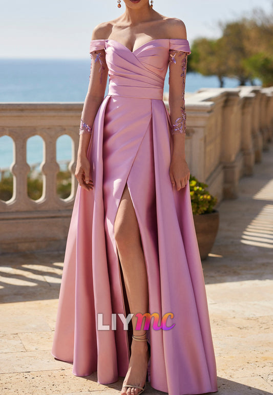 Off-Shoulder Pleated  Sheath Satin Mother of Bride Dress