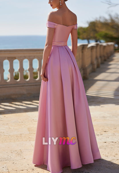 Off-Shoulder Pleated  Sheath Satin Mother of Bride Dress