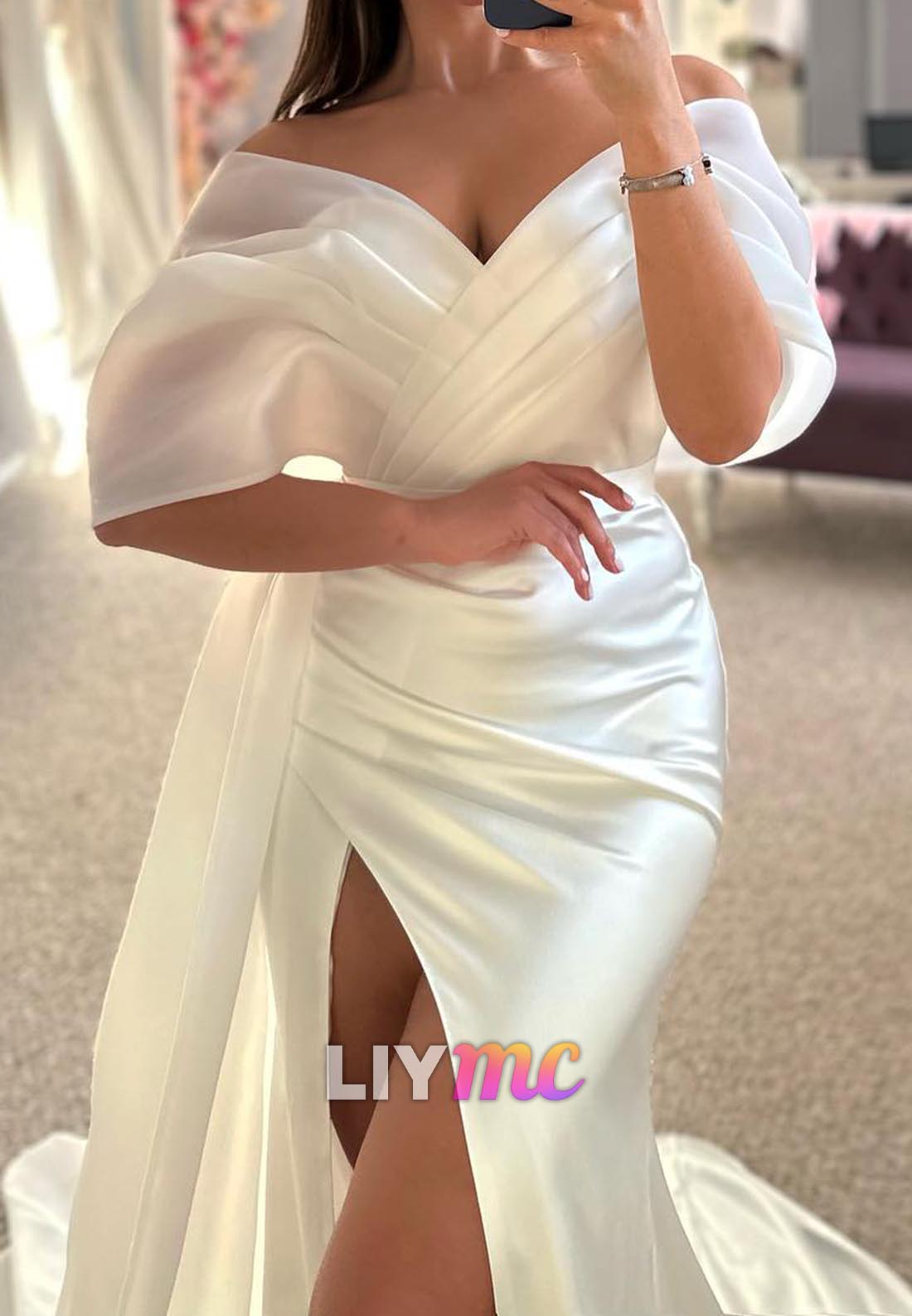 Off-Shoulder Pleated Side Slit Sheath Wedding Dress