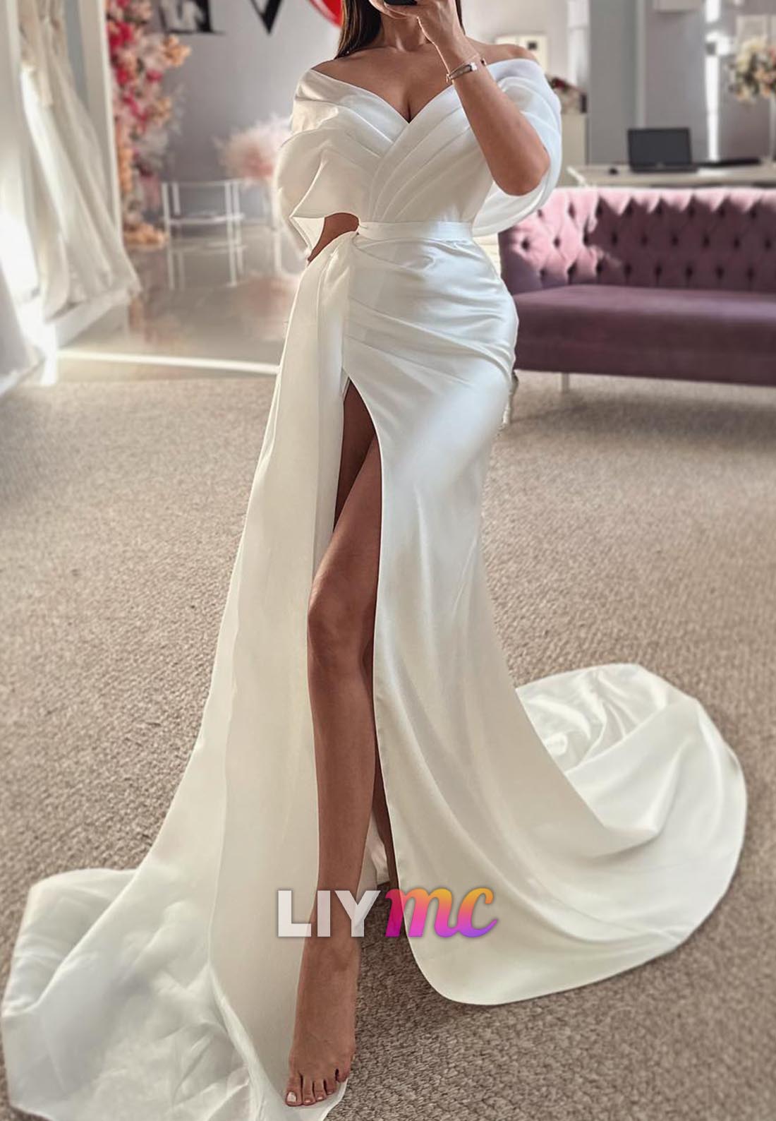 Off-Shoulder Pleated Side Slit Sheath Wedding Dress