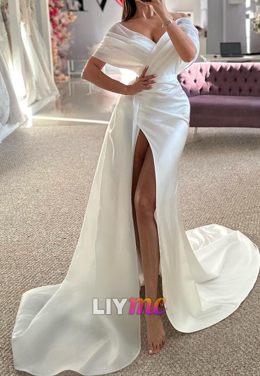 Off-Shoulder Pleated Side Slit Sheath Wedding Dress