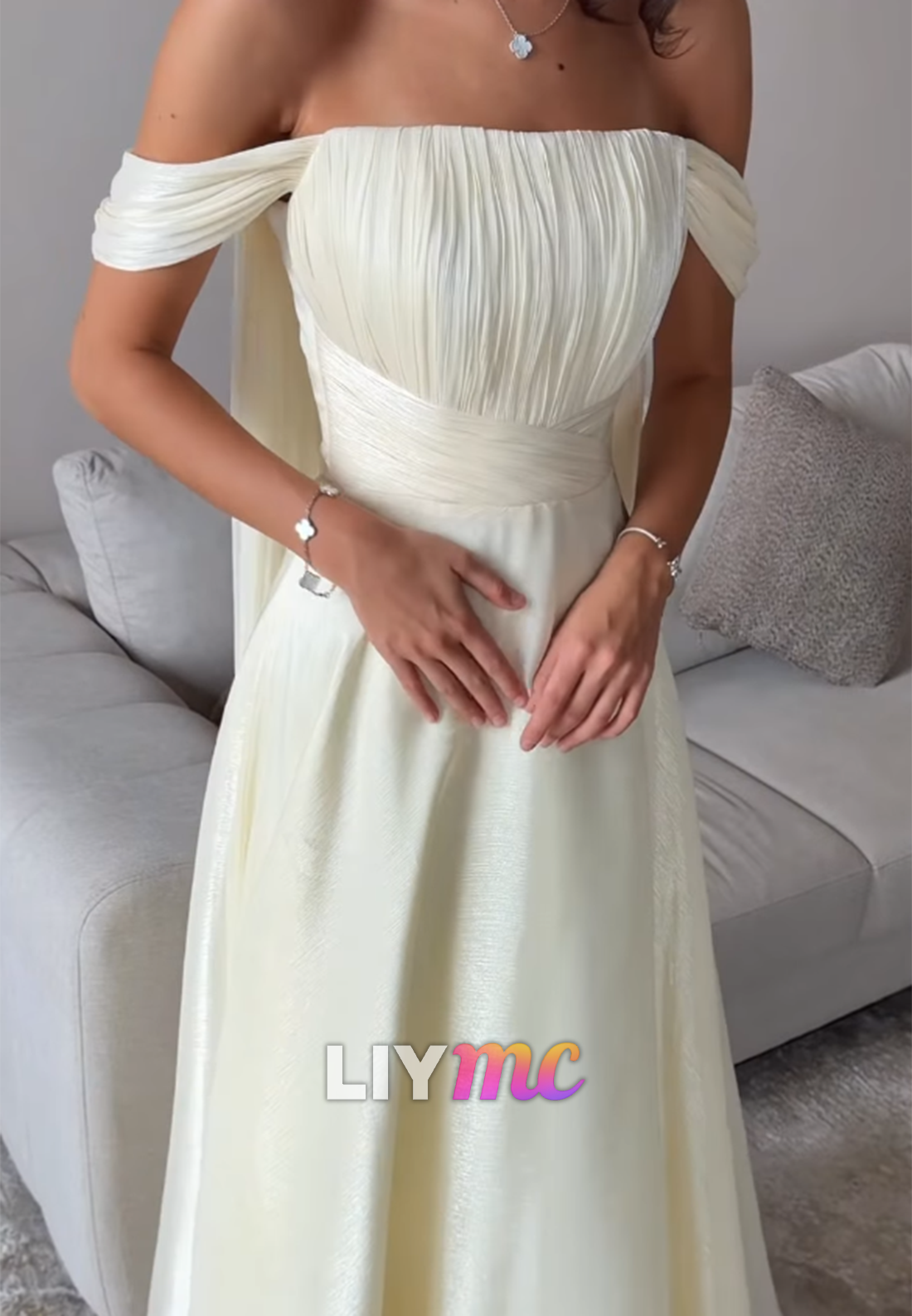 Off-Shoulder Pleated Sleek A-Line Wedding Guest Dress
