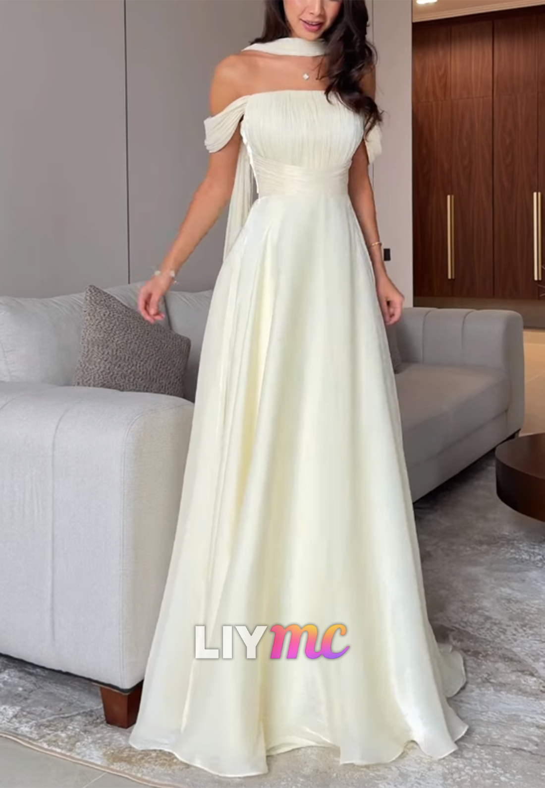 Off-Shoulder Pleated Sleek A-Line Wedding Guest Dress