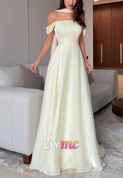 Off-Shoulder Pleated Sleek A-Line Wedding Guest Dress