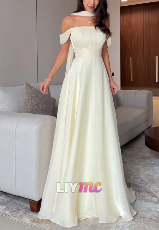 Off-Shoulder Pleated Sleek A-Line Wedding Guest Dress