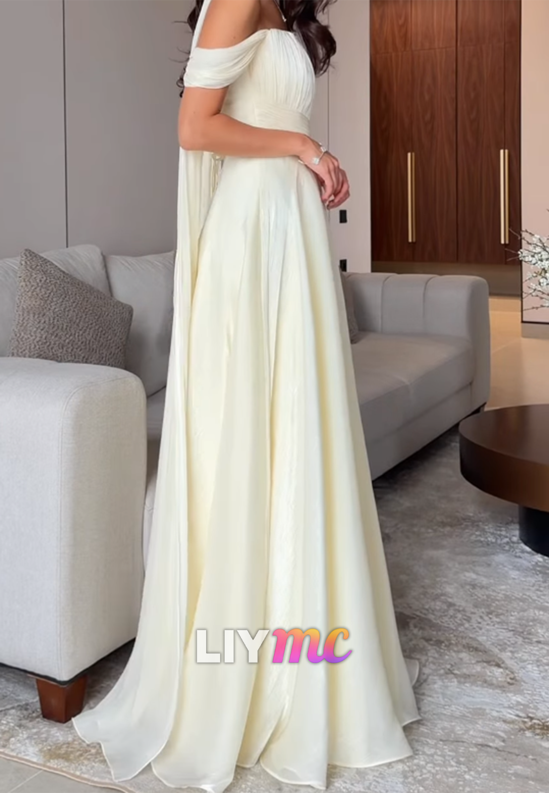 Off-Shoulder Pleated Sleek A-Line Wedding Guest Dress