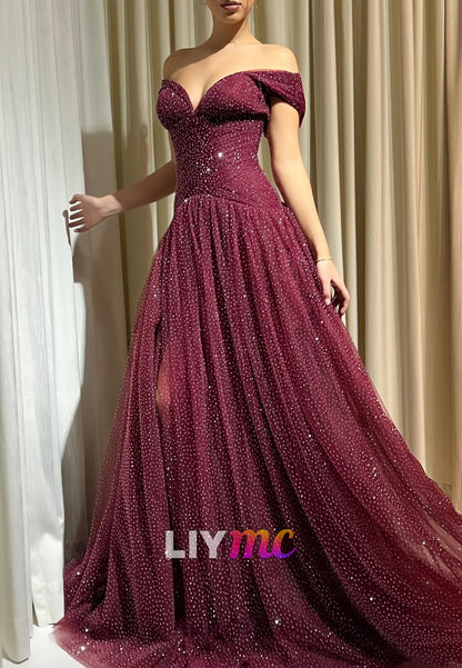 Off-Shoulder Evening Dress Pleated Tulle A-Line Prom Dress