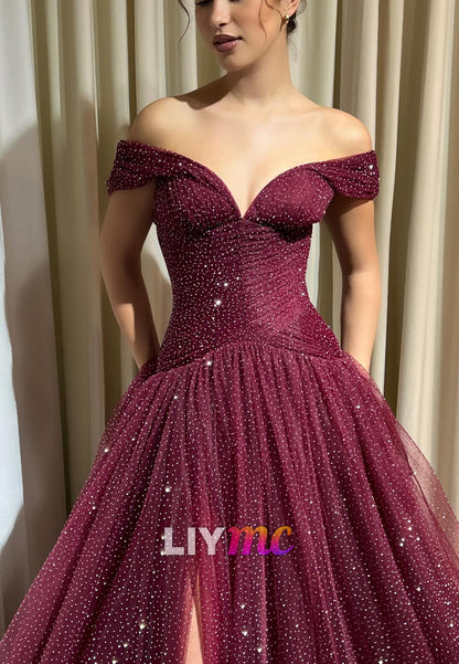 Off-Shoulder Evening Dress Pleated Tulle A-Line Prom Dress