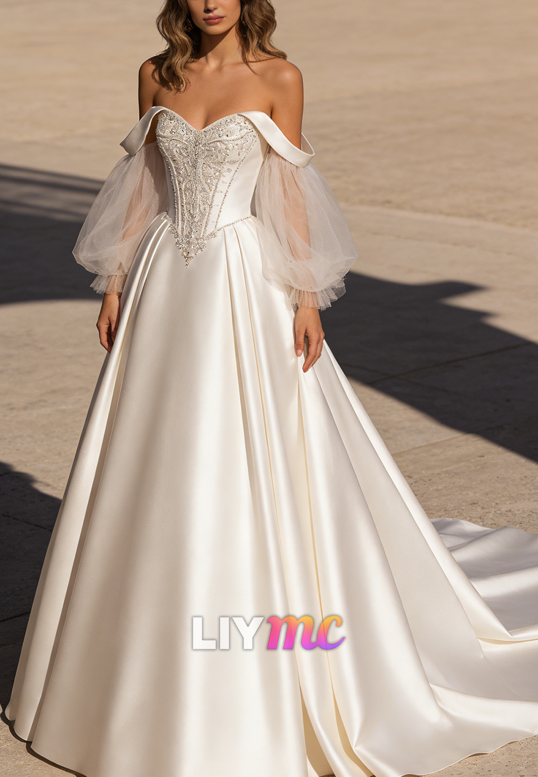 Off-Shoulder Puff Long Sleeves Corset A-Line Wedding Dress