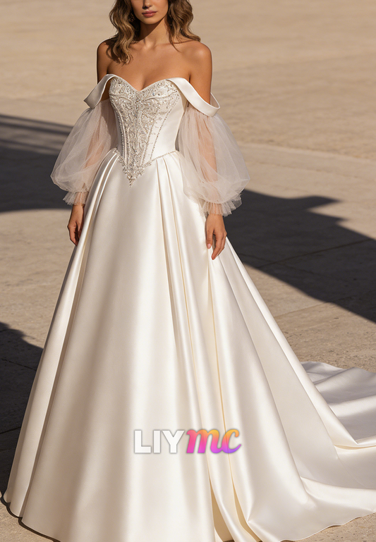 Off-Shoulder Puff Long Sleeves Corset A-Line Wedding Dress