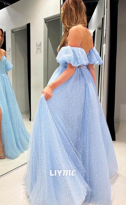 LP1968 - Off-Shoulder Puff Sleeves A-Line Tull Tiered Beaded Ball Gown Prom Dress