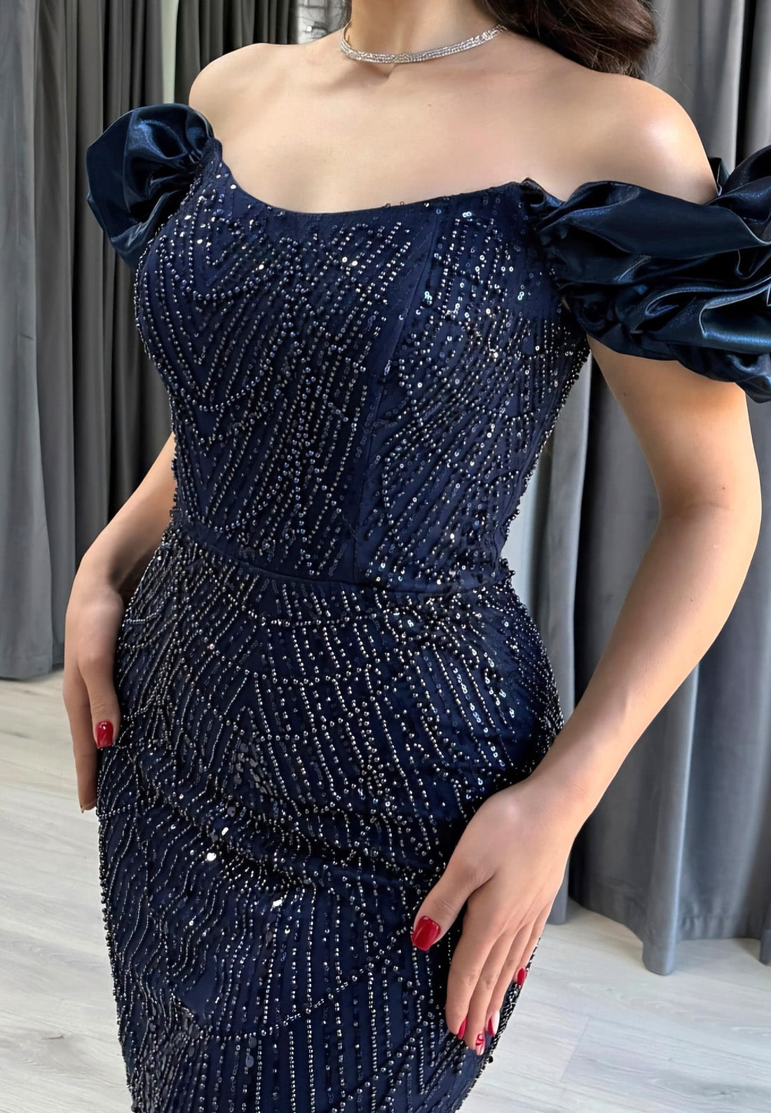 Off-Shoulder Puff Sleeves Beaded Embroidery Mermaiid Evening Dress