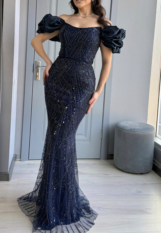 Off-Shoulder Puff Sleeves Beaded Embroidery Mermaiid Evening Dress