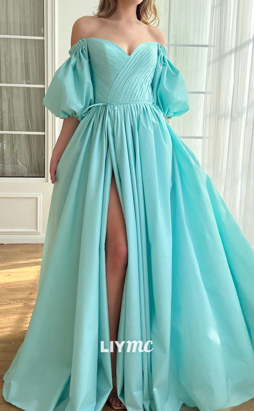 LP2188 - Off-Shoulder Puff Sleeves High Slit A-Line Prom Dress