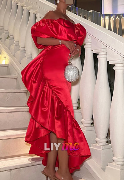 Off-Shoulder Puff Sleeves Ruffles Mermaid Formal Dress