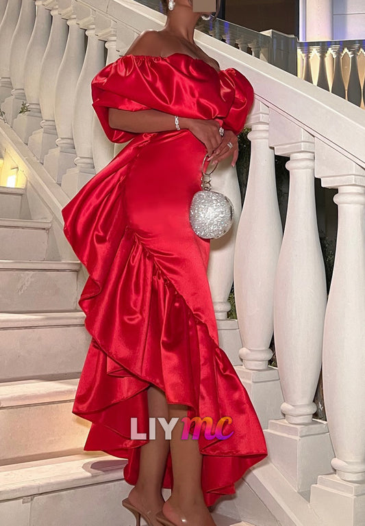 Off-Shoulder Puff Sleeves Ruffles Mermaid Formal Dress