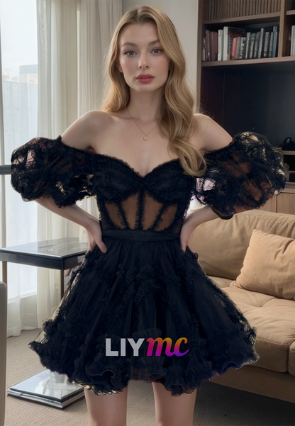 Off-Shoulder Puff Sleeves Sheer Tulle A-Line Short Homecoming Dress Liymc Off-Shoulder Puff Sleeves Sheer Tulle A-Line Short Homecoming Dress Liymc