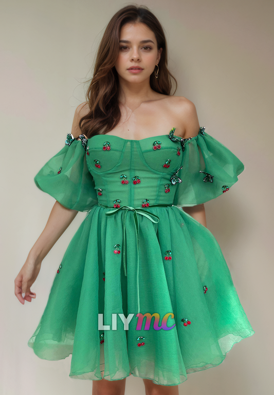 Off-Shoulder Puff Sleeves Tulle A-Line Short Homecoming Dress