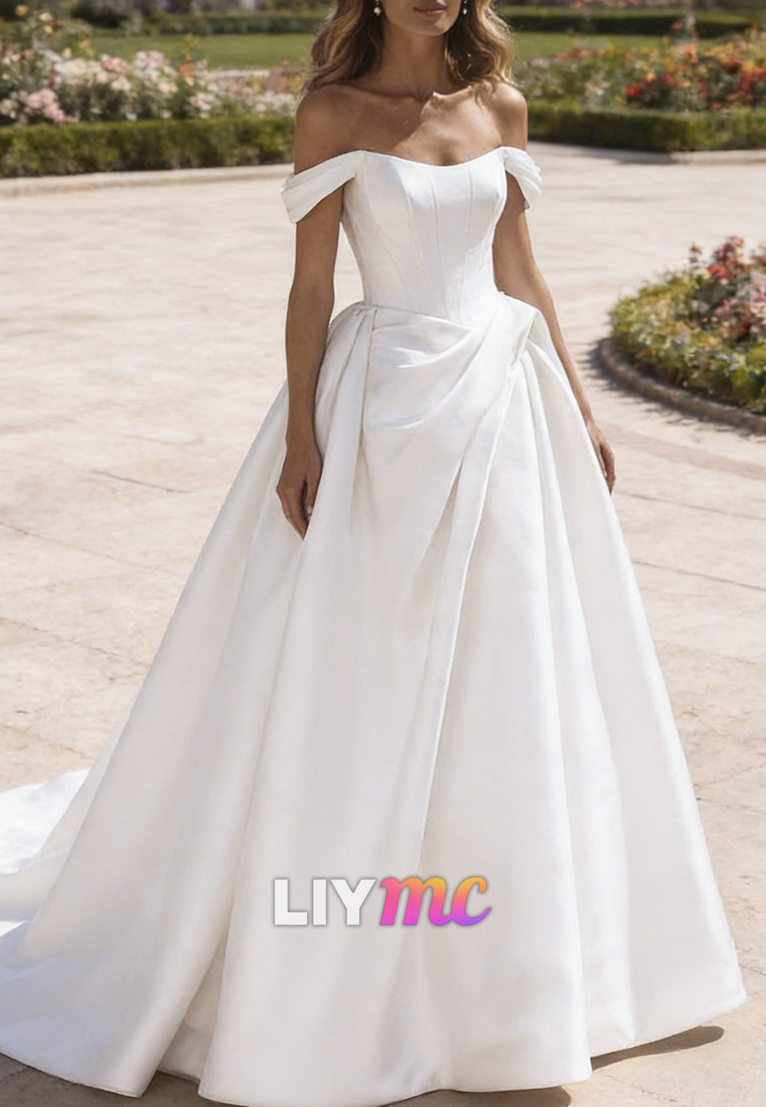 Off-Shoulder Ruched Satin A-Line Wedding Dress