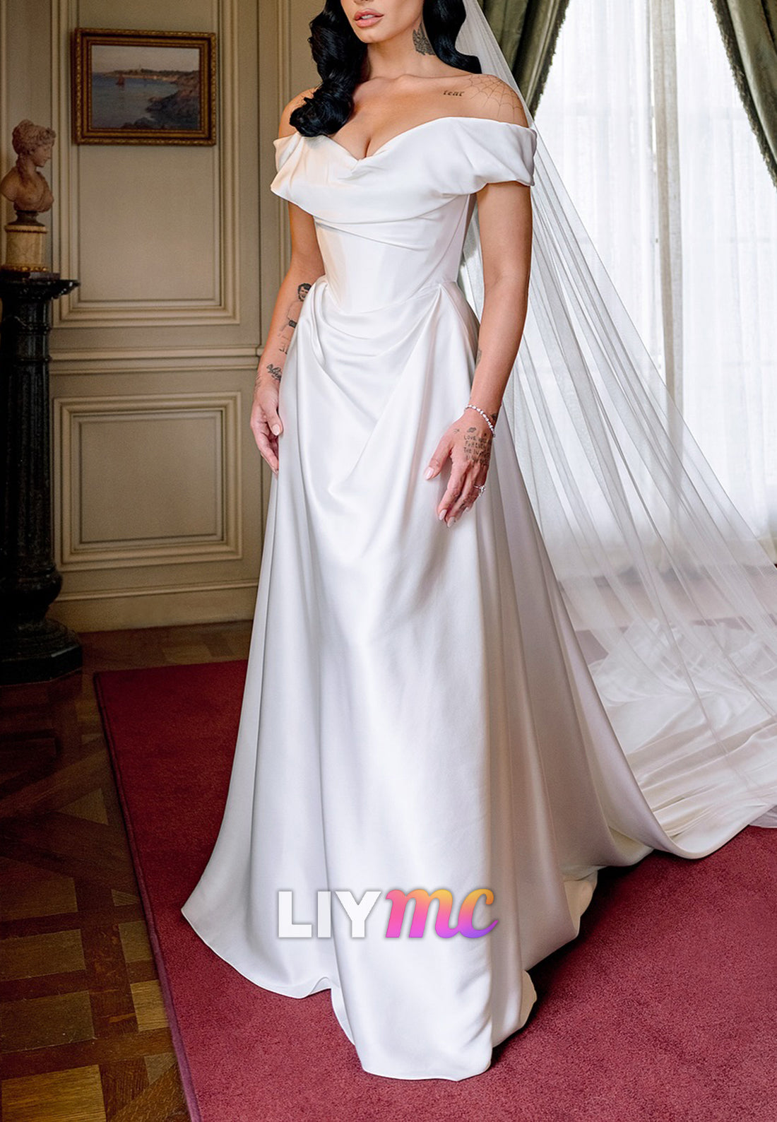 Off-Shoulder Ruched Sleek Sheath Wedding Dress