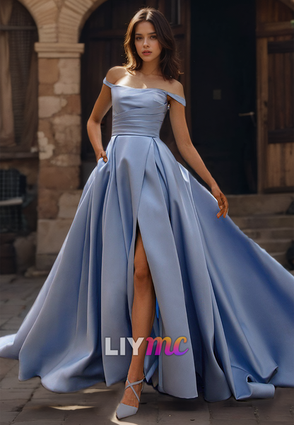 Off-Shoulder Ruffled Pleated Sleek Satin A-Line Wedding Dress