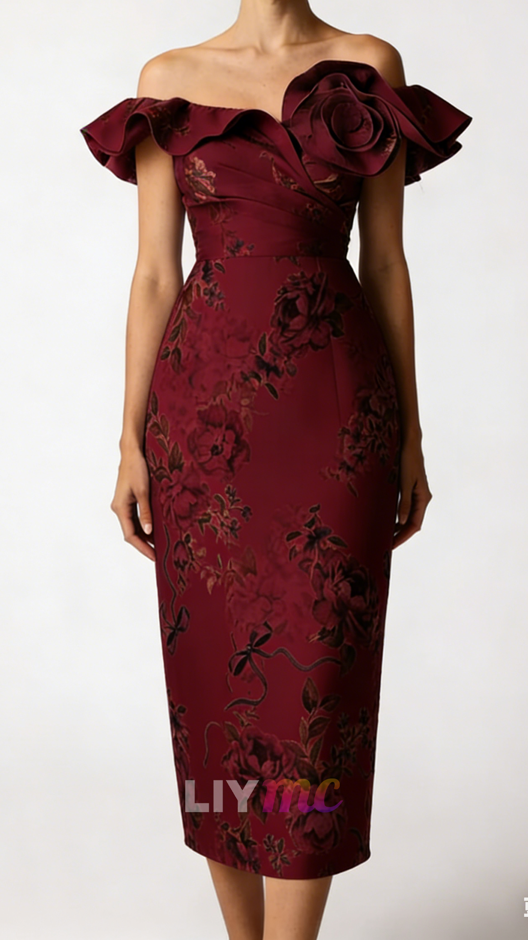 Off-Shoulder Ruffles Floral Printed Sheath Wedding Guest Dress