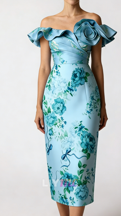 Off-Shoulder Ruffles Floral Printed Sheath Wedding Guest Dress